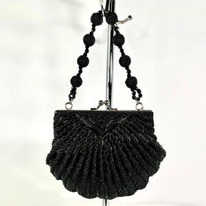 Vintage Black Glass Beaded Mini Evening Bag – Art Deco Fan Pattern, w/ Kisslock